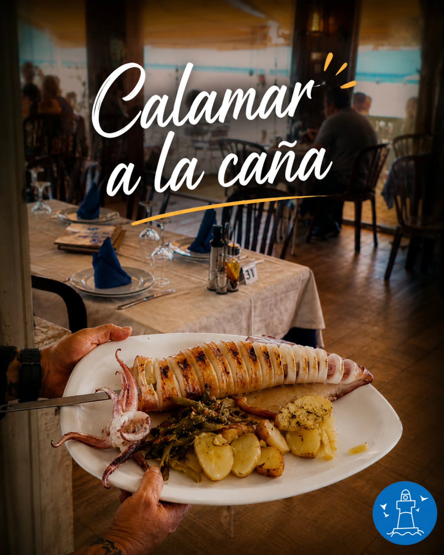 Calamar a la caña con patatas y judías verdes
